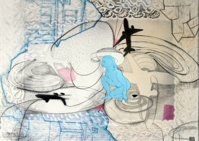 'Blue House', charcoal, collage, pastel on paper, 56 x 76 cm, 2011